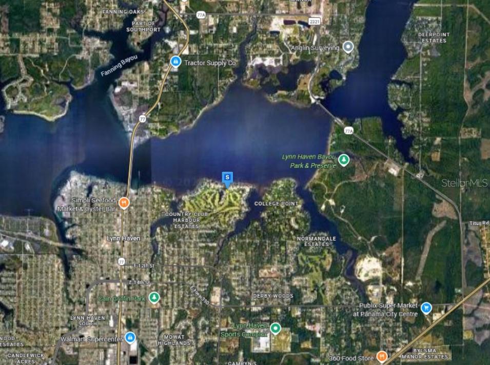 This is an aerial map view of the Lynn Haven area in Florida — 1990 COUNTRY CLUB DRIVE, LYNN HAVEN, FL