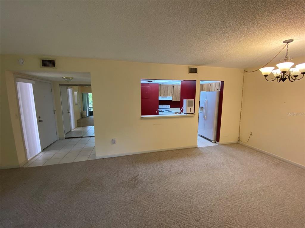 A living room with beige carpet features a pass-through window looking into a red kitchen — 160 LIVE OAK WOODS COURT UNIT 3A, DELTONA, FL