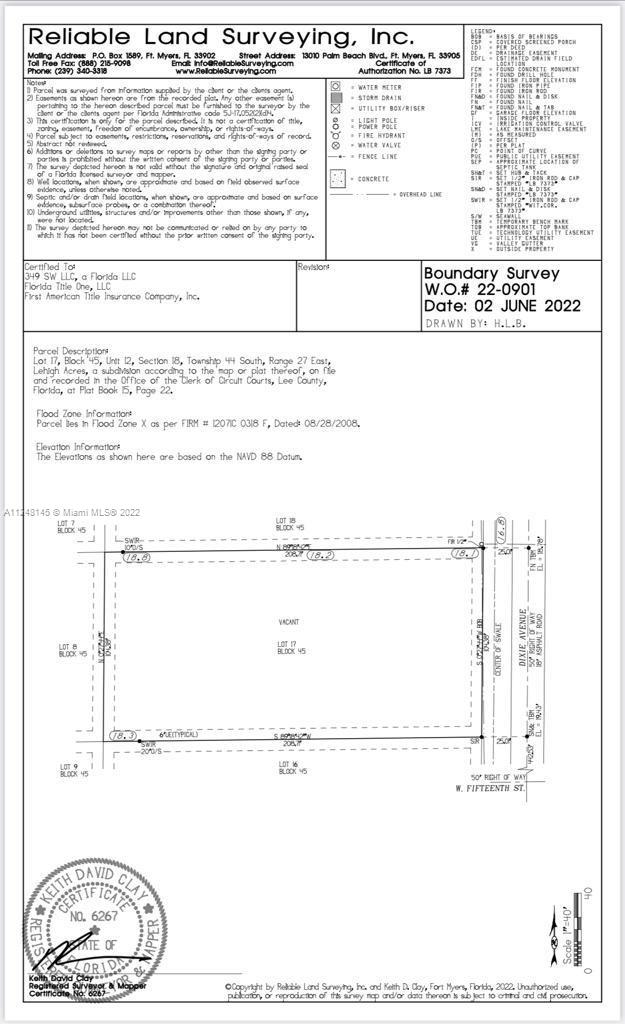 This is a boundary survey map for a vacant lot in Lehigh Acres, Florida — 1509 Dixie Ave, Lehigh Acres FL 33972, LEHIGH ACRES, FL