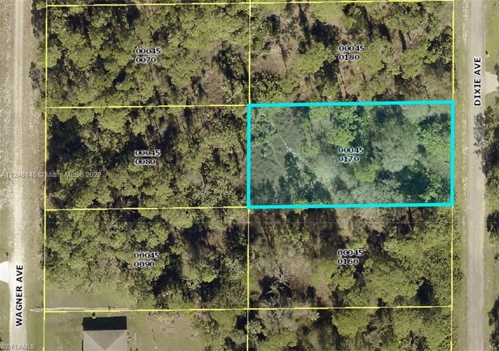 This is an aerial map showing a highlighted rectangular plot of land among wooded lots — 1509 Dixie Ave, Lehigh Acres FL 33972, LEHIGH ACRES, FL