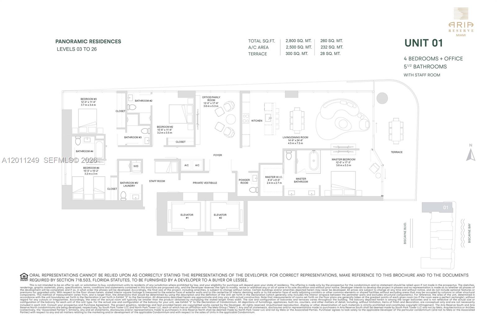 This floor plan shows a four-bedroom unit with an office, terrace, and five-and-a-half bathrooms — 725 NE 24th St # 301, Miami FL 33137, MIAMI, FL