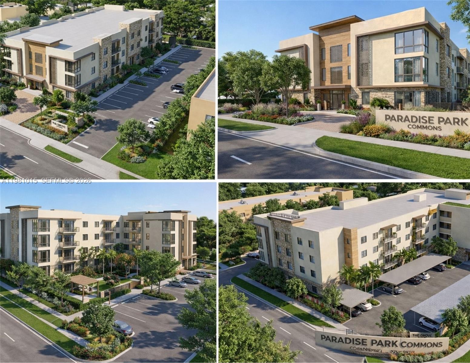 This is a digital rendering showing multiple exterior views of the Paradise Park Commons apartment complex — 2765 NW 17th Ter, Miami FL 33125, MIAMI, FL