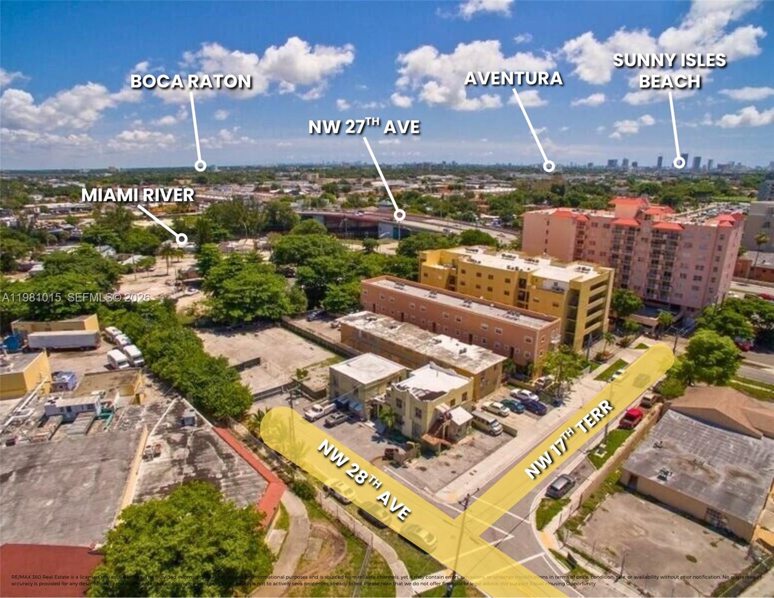 An aerial view shows a commercial property with surrounding streets and distant city skylines — 2765 NW 17th Ter, Miami FL 33125, MIAMI, FL