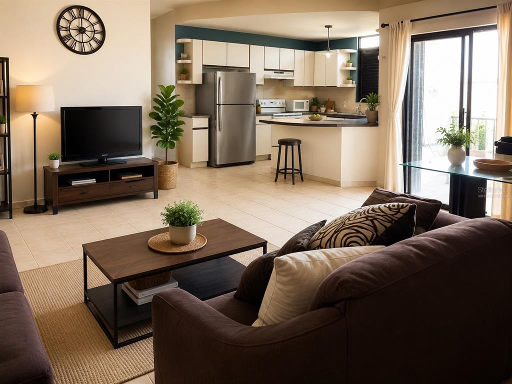 A living room with a brown sofa and coffee table opens to a kitchen with appliances — 3444 VICTORIA DEL MAR UNIT 3-A, RINCON, PR
