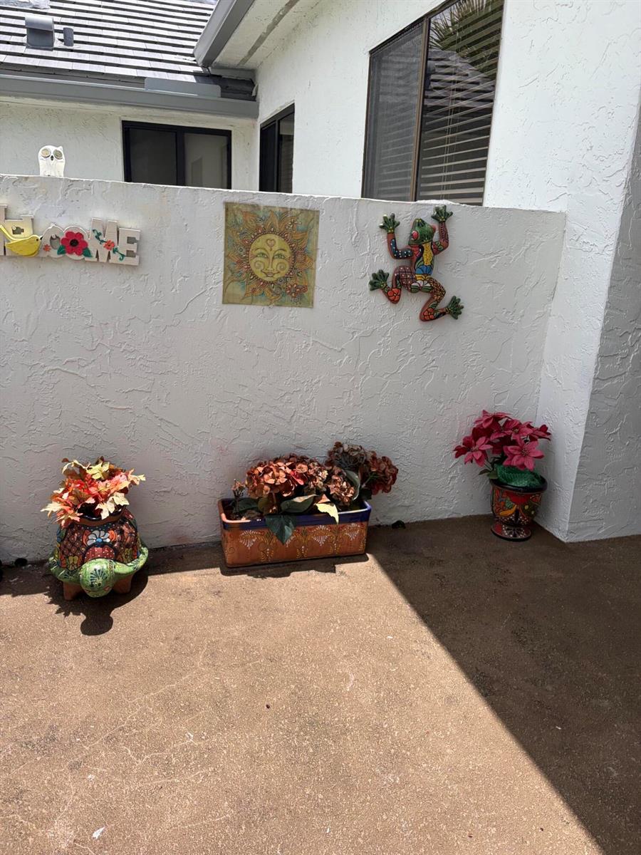A white stucco wall decorated with wall art sits above three potted plants on a patio — 7254 Clunie Place # 15005, Delray Beach FL 33446, DELRAY BEACH, FL