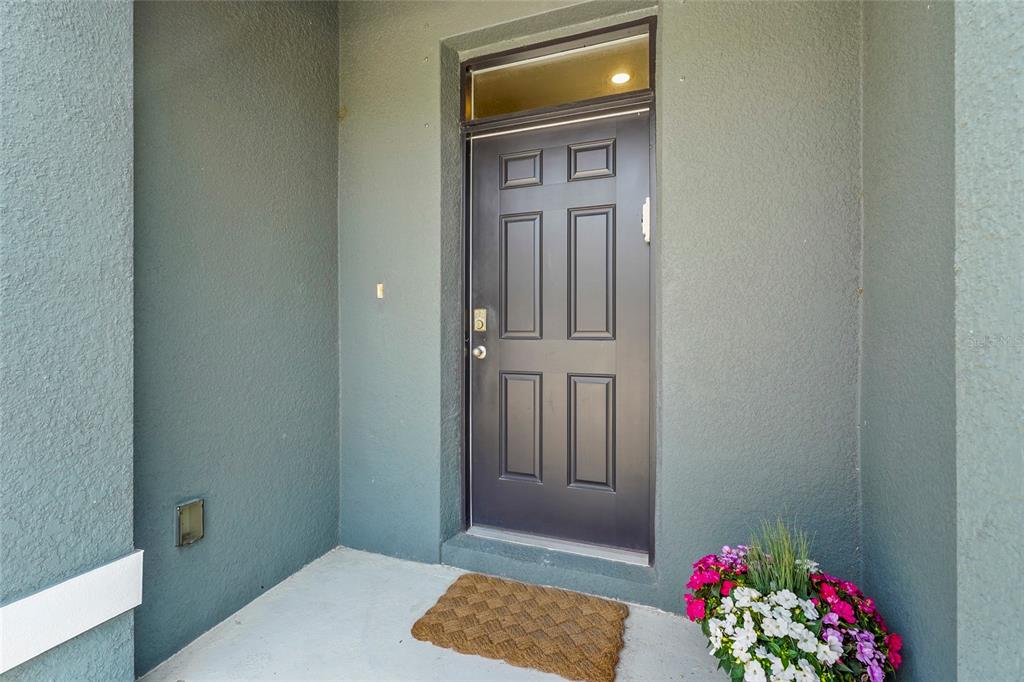 A dark gray front door with a transom window sits on a covered porch — 8652 MILESTONE DRIVE, SARASOTA, FL