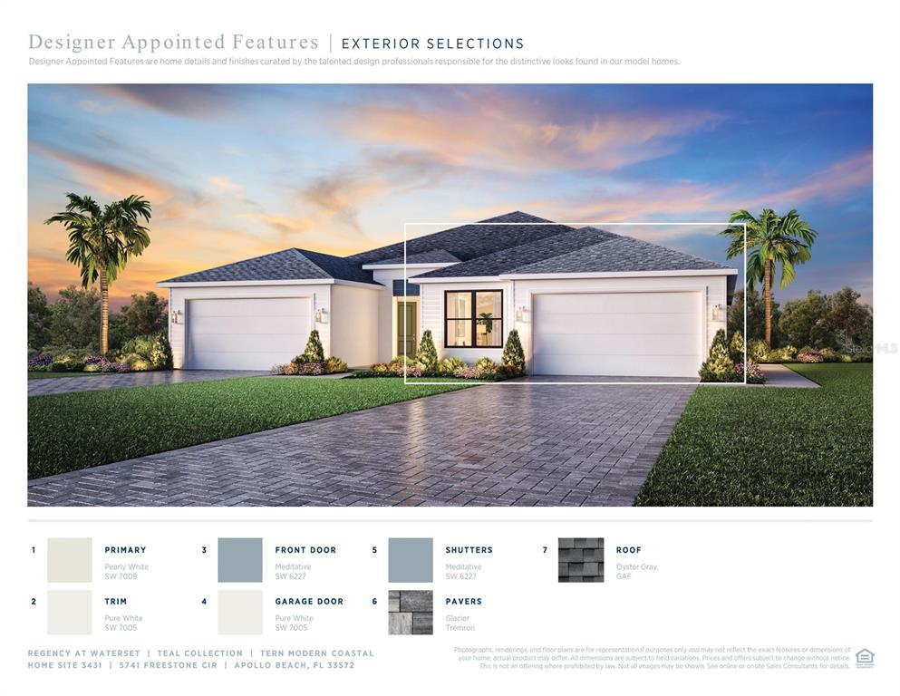This is a rendering of a single-story house exterior with a white facade and gray roof — 5741 FREESTONE CIRCLE, APOLLO BEACH, FL