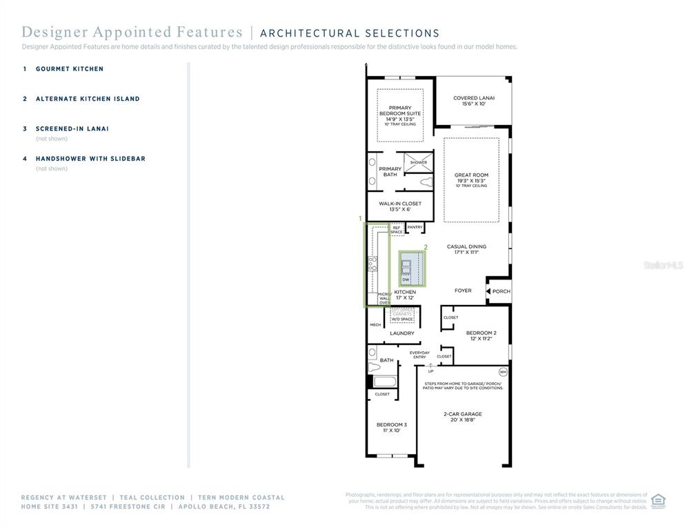 This is a floor plan for a residential home featuring three bedrooms and a garage — 5741 FREESTONE CIRCLE, APOLLO BEACH, FL