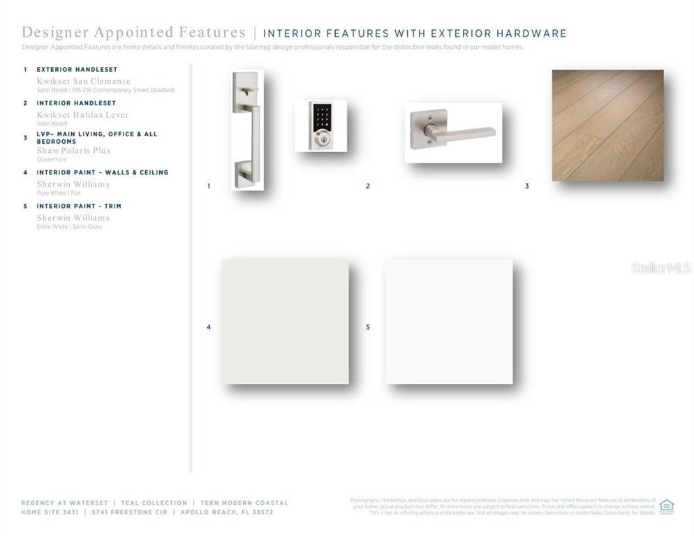 This image is a design specification sheet displaying hardware, flooring, and paint color selections — 5741 FREESTONE CIRCLE, APOLLO BEACH, FL