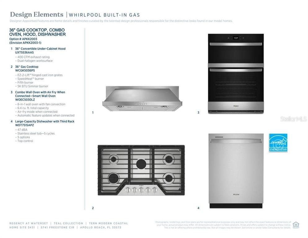 This image displays a product sheet featuring a Whirlpool gas cooktop, hood, wall oven, and dishwasher — 5741 FREESTONE CIRCLE, APOLLO BEACH, FL