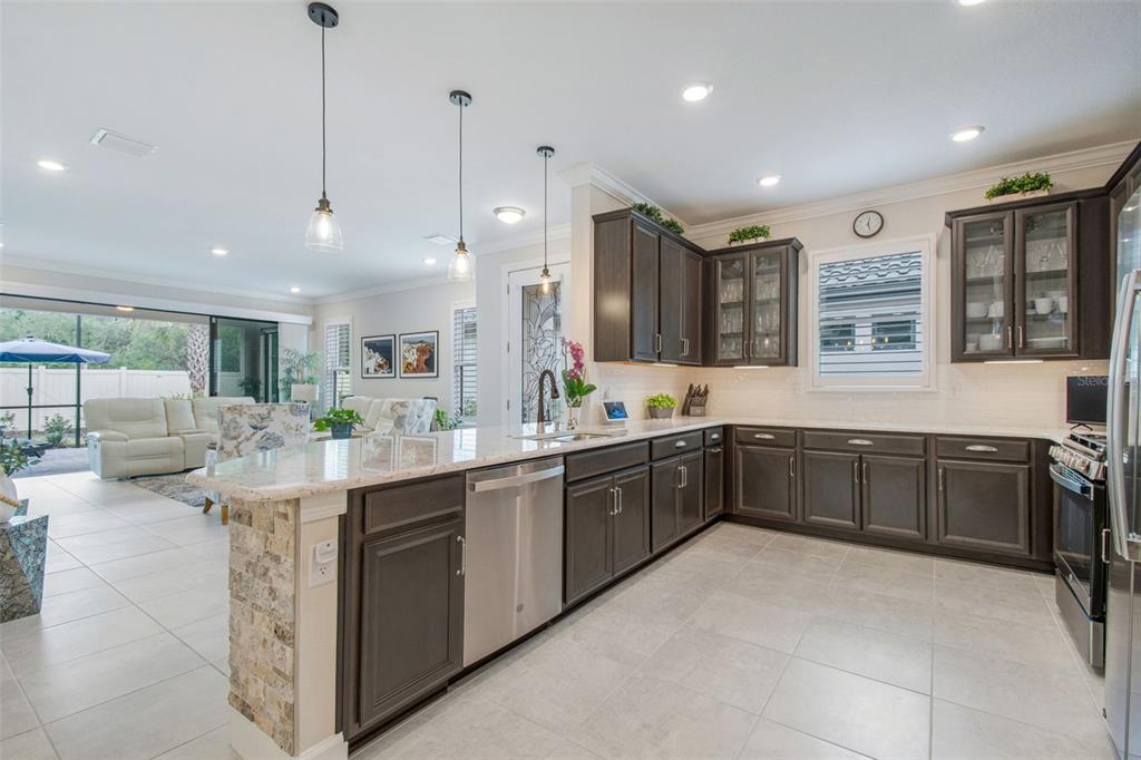 A kitchen with dark wood cabinets, granite countertops, and stainless steel appliances opens to a living area — 4534 GAROFALO ROAD, WESLEY CHAPEL, FL