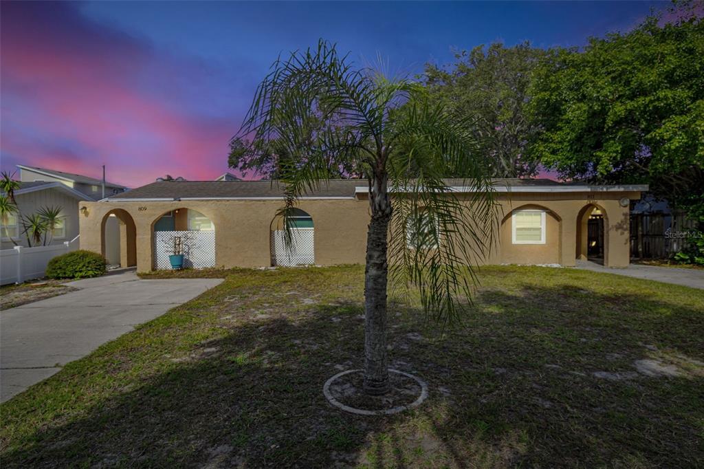 A single-story tan house with arched entryways and a palm tree in the front yard — 809 ILLINOIS AVENUE, PALM HARBOR, FL