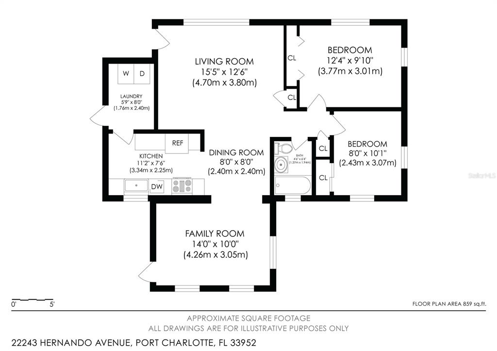 This is a floor plan for an 859-square-foot home with two bedrooms and one bathroom — 22243 HERNANDO AVENUE, PORT CHARLOTTE, FL