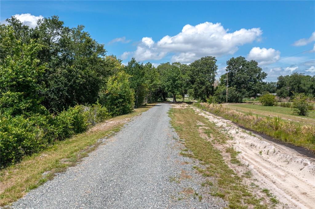 A gravel driveway leads through a rural landscape with trees and grass under a blue sky — 15079 BRAHMA ROAD, POLK CITY, FL
