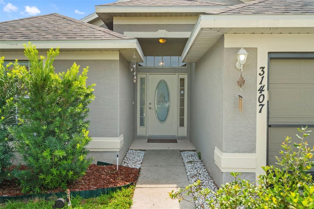 The exterior of a house features a concrete walkway leading to a white front door — 31407 SATINLEAF RUN, BROOKSVILLE, FL