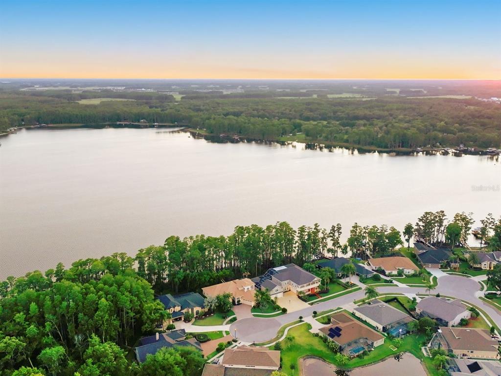 An aerial view of a suburban neighborhood situated along the edge of a large lake — 21019 MARSH HAWK DRIVE, LAND O LAKES, FL