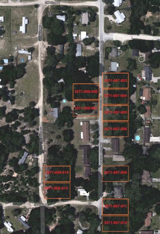 This is an aerial map showing several rectangular land parcels outlined in orange — 9365 SW 32ND TERRACE, OCALA, FL