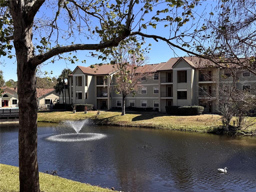 A multi-story apartment building sits behind a pond with a fountain and a swimming bird — 3028 PARKWAY BOULEVARD UNIT 210, KISSIMMEE, FL