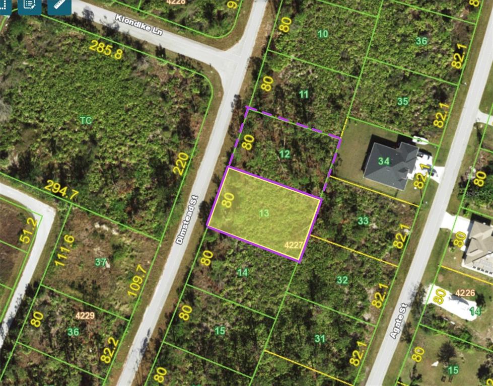 This is a satellite map view showing a highlighted rectangular vacant lot on a street — 8226 DIMSTEAD STREET, PORT CHARLOTTE, FL