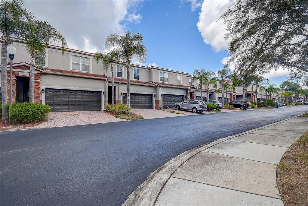 A row of multi-story townhomes with attached garages and palm trees along a paved street — 1426 HILLVIEW LANE, TARPON SPRINGS, FL
