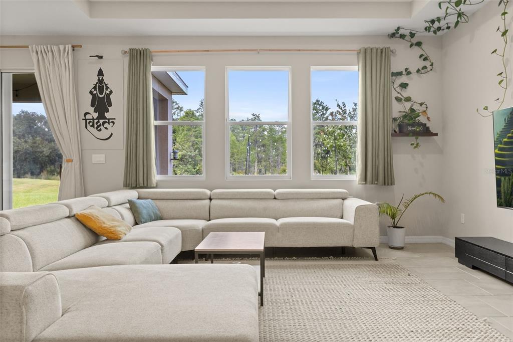 A living room features a large beige sectional sofa, a coffee table, and three windows — 6764 BROAD RIVER AVENUE, LAND O LAKES, FL