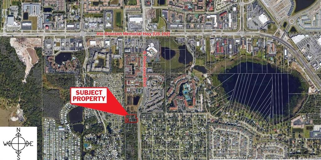 An aerial map shows a highlighted rectangular property located west of North Poinciana Boulevard — 0 N POINCIANA BOULEVARD, KISSIMMEE, FL