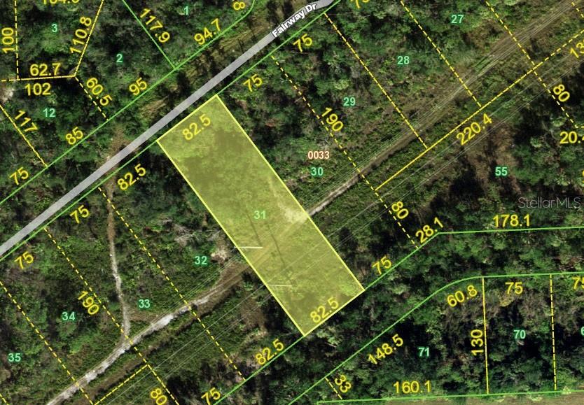 This is a satellite map showing a highlighted rectangular land parcel bordering Fairway Drive — 26430 PEACHLAND LANE, PUNTA GORDA, FL