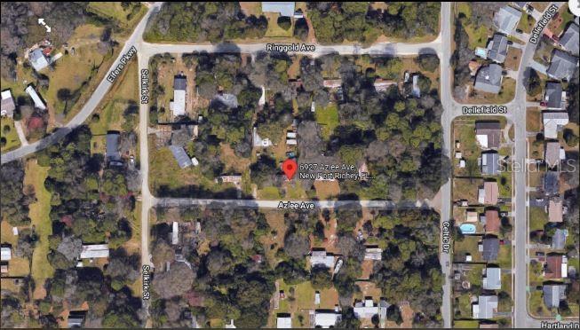 This is an aerial map view of a residential neighborhood in New Port Richey — 6927 AZLEE AVENUE, NEW PORT RICHEY, FL