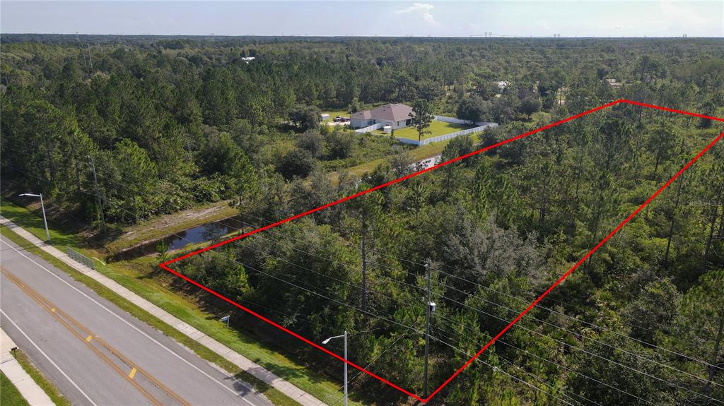 An aerial view shows a rectangular, wooded vacant lot outlined in red next to a road — 3603 BANCROFT BOULEVARD, ORLANDO, FL