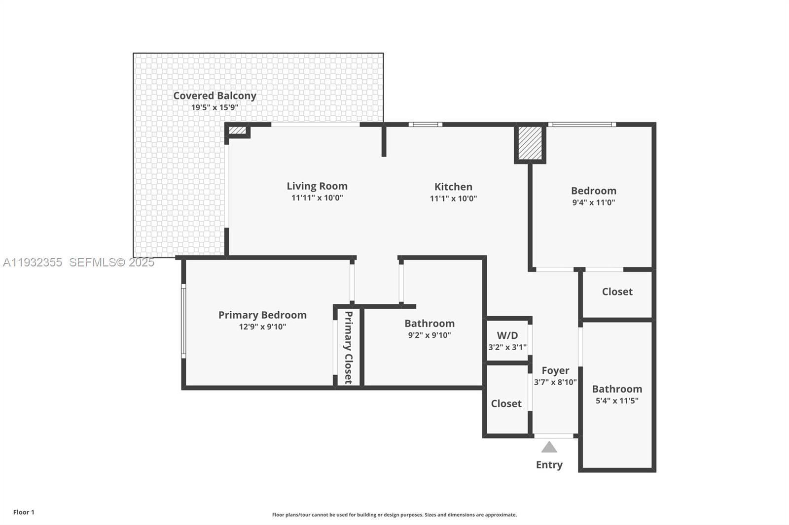 This is a floor plan for a two-bedroom apartment with a large covered balcony — 11 NE 6 Street # 2201, Miami FL 33132, MIAMI, FL