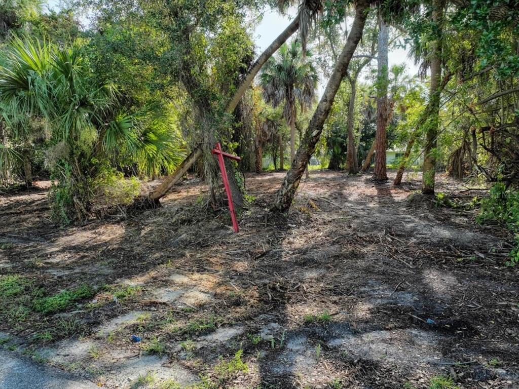 A vacant, wooded lot features a red real estate sign among trees and cleared ground — 2340 FINTONROD STREET, PORT CHARLOTTE, FL