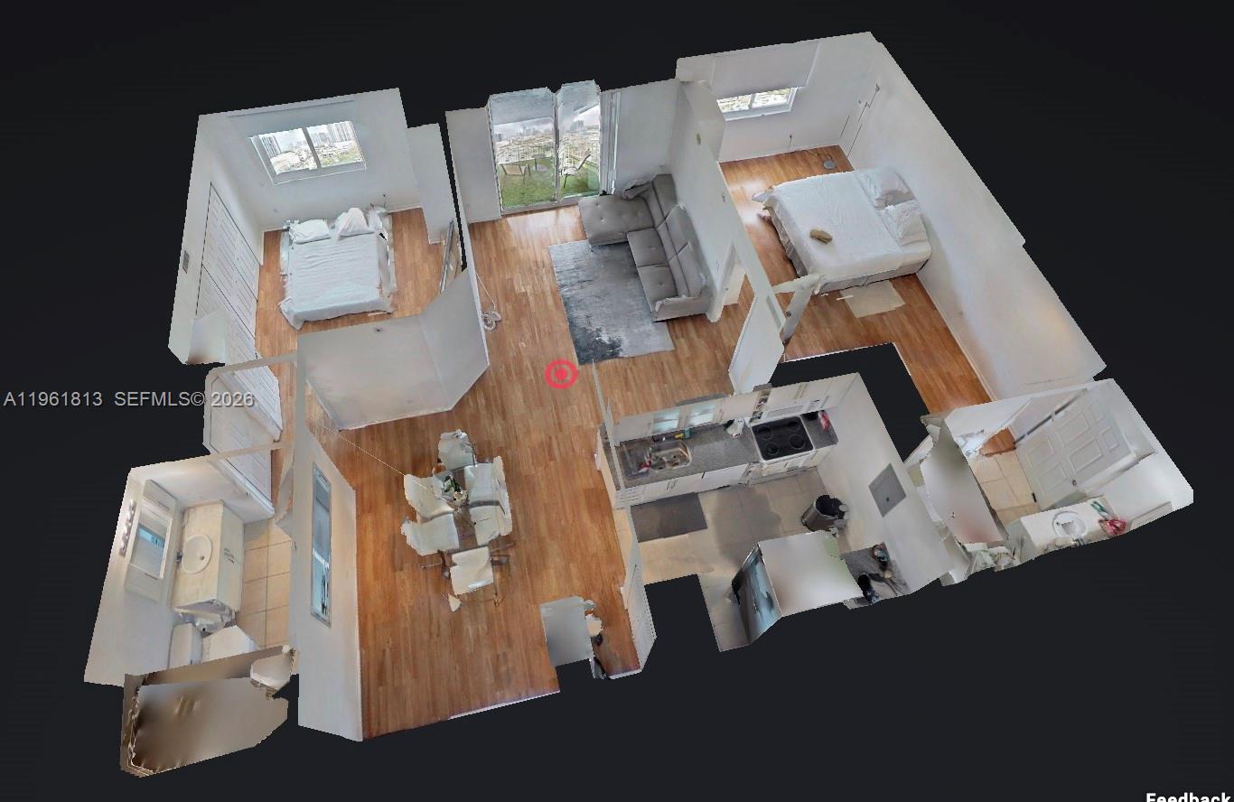 This 3D floor plan rendering shows a two-bedroom apartment with wood flooring and a balcony — 275 NE 18th St # 1705, Miami FL 33132, MIAMI, FL