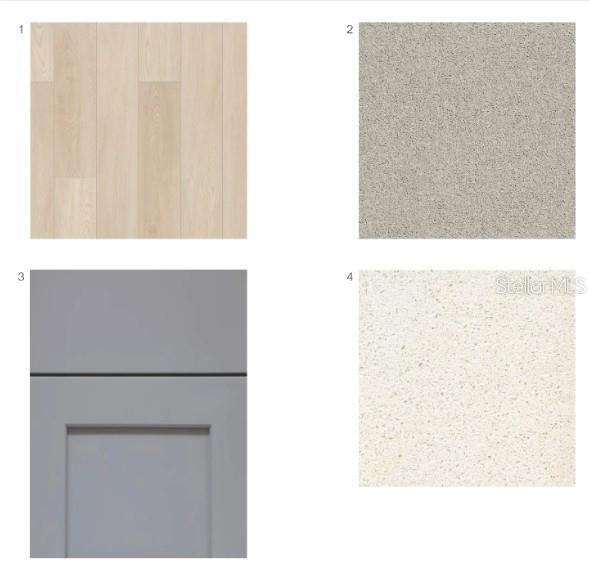 This image displays a collage of four interior design material samples for a home — 387 CORNERSTONE DRIVE, GROVELAND, FL