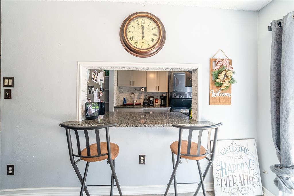 A kitchen pass-through window with a granite breakfast bar and two stools — 2410 SE 16TH AVENUE UNIT F, OCALA, FL