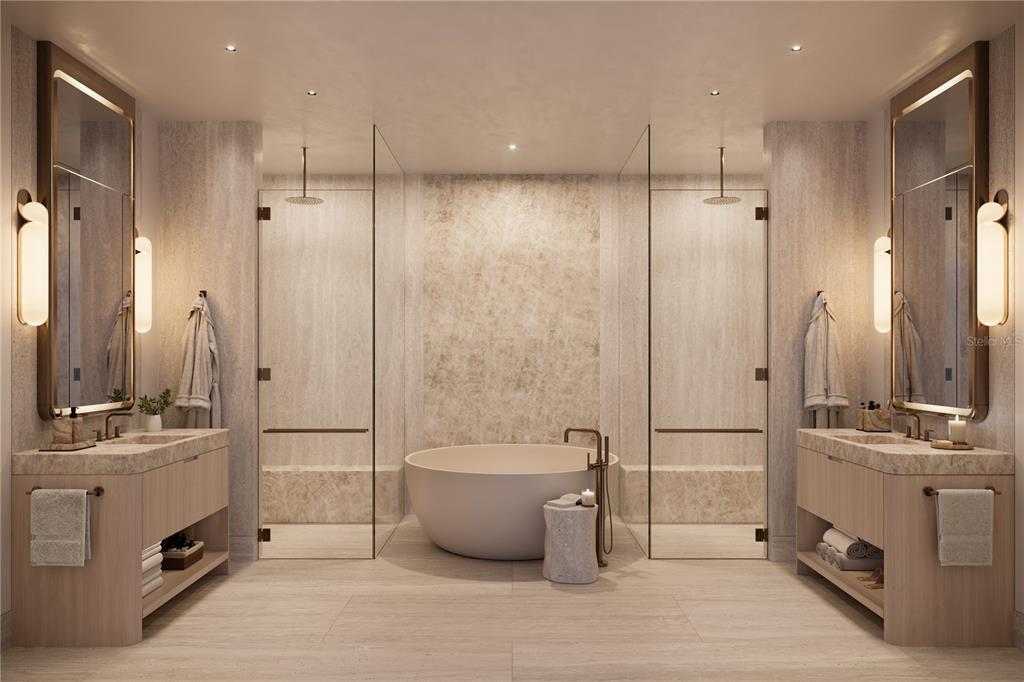 This rendering shows a symmetrical bathroom with a central soaking tub between two glass showers — 1390 MAIN STREET UNIT 803, SARASOTA, FL