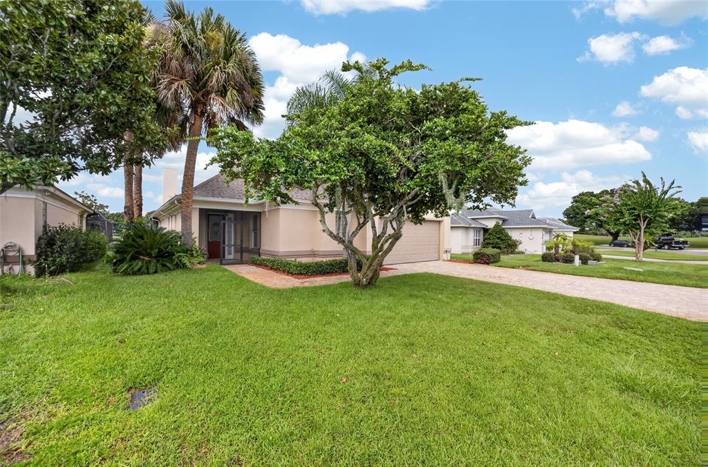 A single-story house with a beige exterior, a paved driveway, and a large front tree — 30089 ISLAND CLUB DRIVE, DEER ISLAND, FL