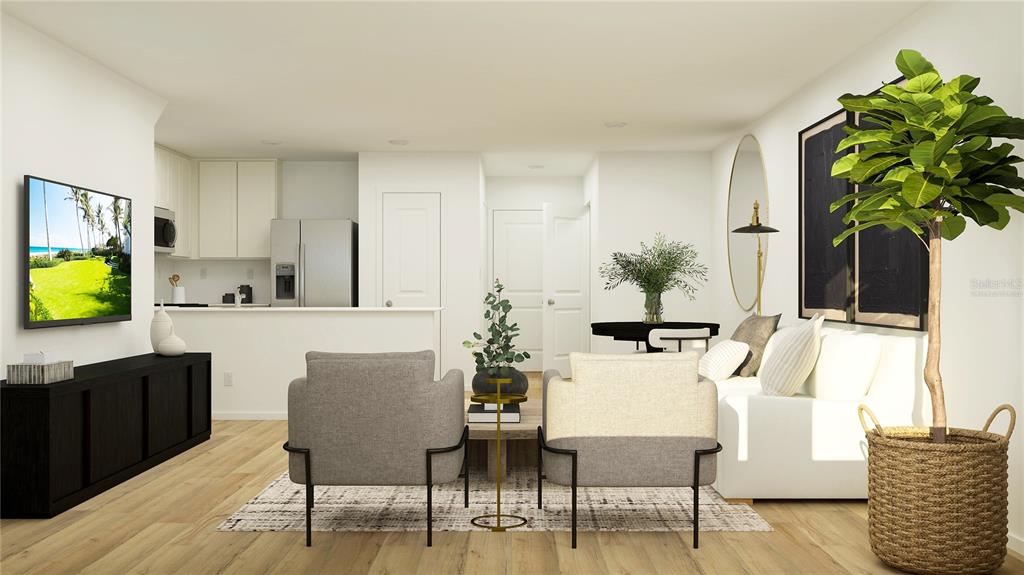 This rendering shows a modern living room with two armchairs, a white sofa, and kitchen — 3048 CAPTAIN JAX WAY, WINTER HAVEN, FL