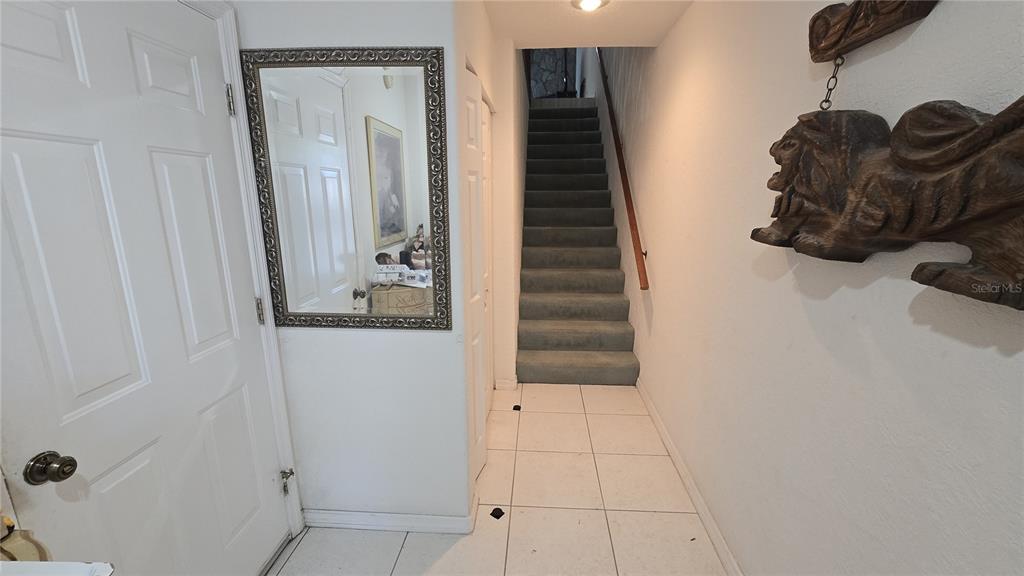 A tiled entryway features a staircase with gray carpet and a wall-mounted wooden lion carving — 521 PINELLAS BAYWAY S UNIT 206, TIERRA VERDE, FL