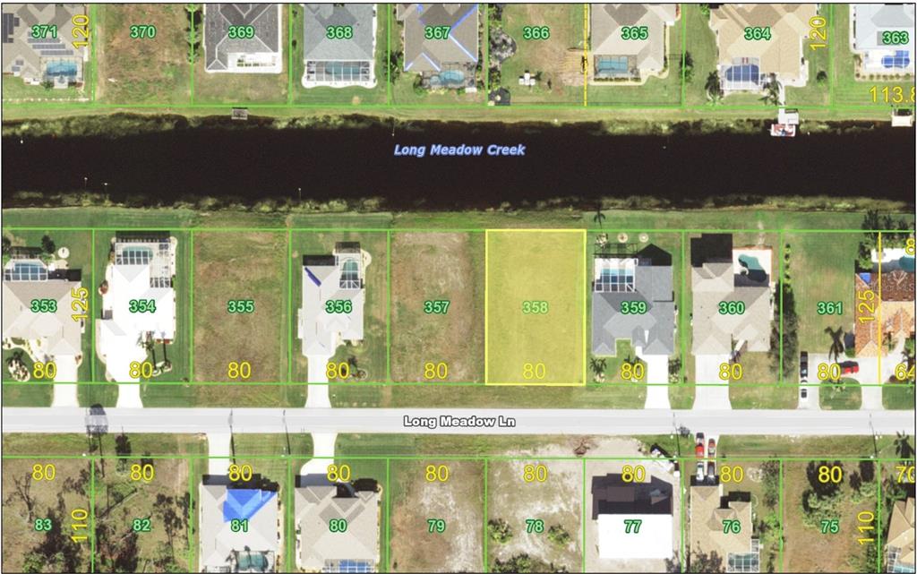 This is a satellite map showing residential lots along Long Meadow Creek and Long Meadow Lane — 286 LONG MEADOW LANE, ROTONDA WEST, FL