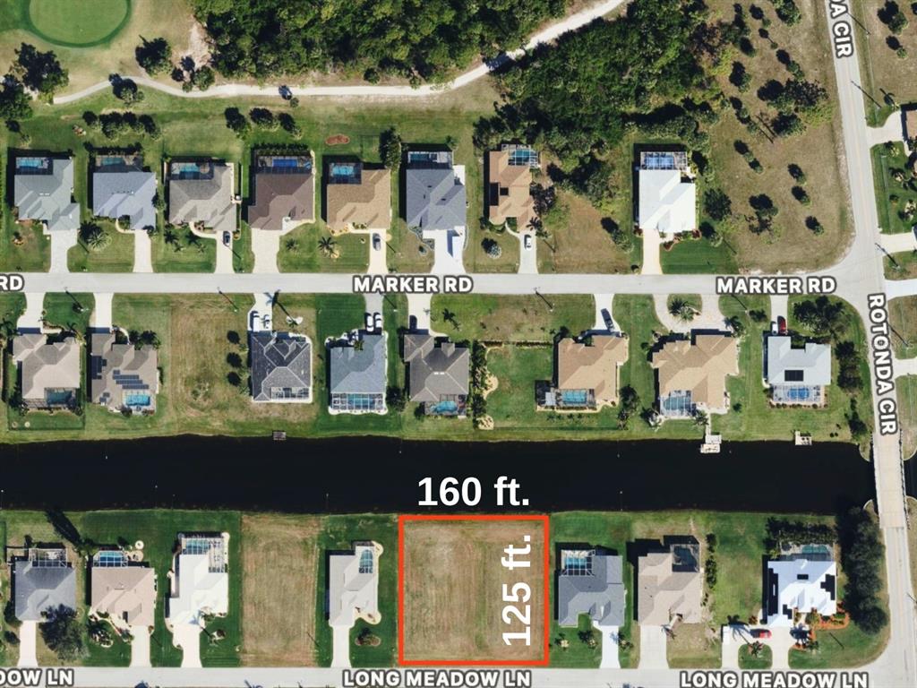 An aerial map view shows a vacant rectangular lot situated along a canal — 286 LONG MEADOW LANE, ROTONDA WEST, FL