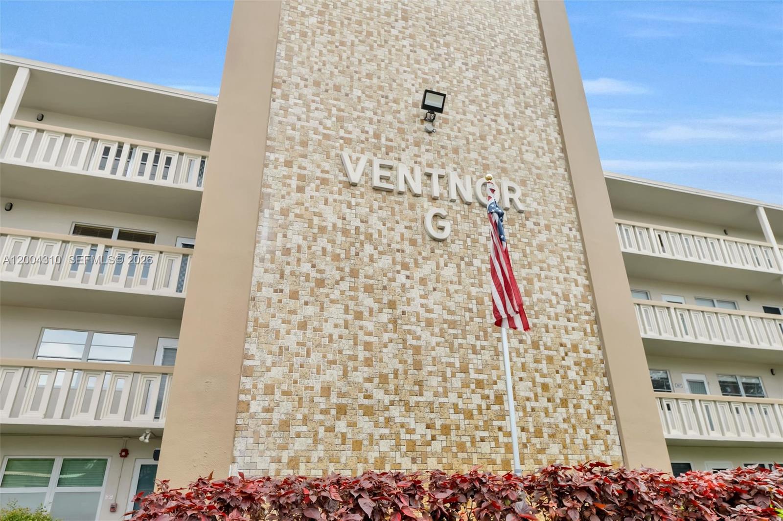 The exterior of a multi-story apartment building features a stone facade labeled Ventnor G — 3013 Ventnor G # 3, Deerfield Beach FL 33442, DEERFIELD BEACH, FL