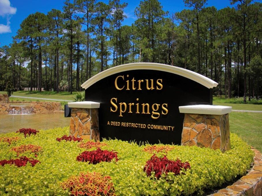 A black community entrance sign for Citrus Springs sits in front of landscaping and trees — 6545 N WHISPERING DRIVE, CITRUS SPRINGS, FL