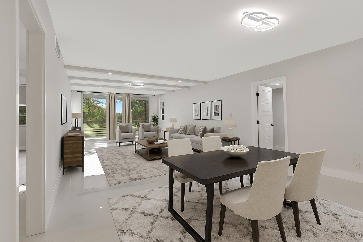 This digital rendering shows an open-concept living and dining area with modern furniture and flooring — 3505 Oaks Way # 204, Pompano Beach FL 33069, POMPANO BEACH, FL
