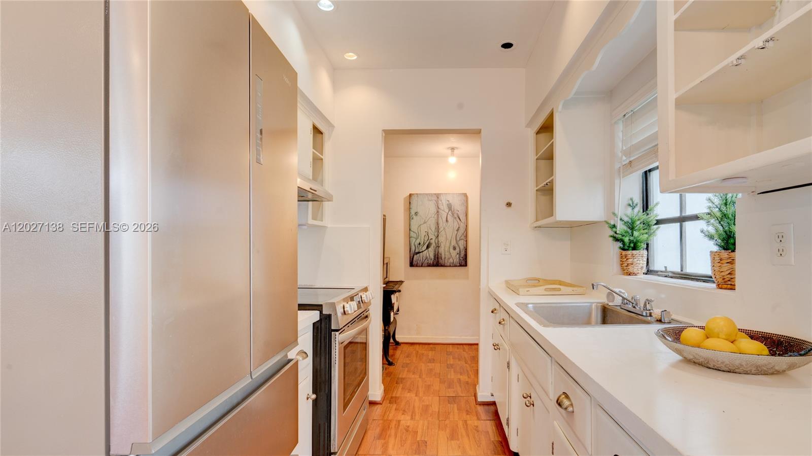A galley kitchen features white cabinets, stainless steel appliances, and wood-look flooring — 10420 SW 149th St, Miami FL 33176, MIAMI, FL