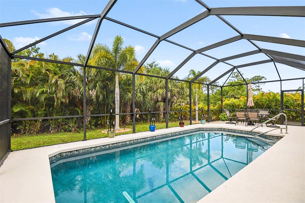 A screened-in swimming pool with a patio and lush tropical landscaping in the background — 15351 ANCEL CIRCLE, PORT CHARLOTTE, FL
