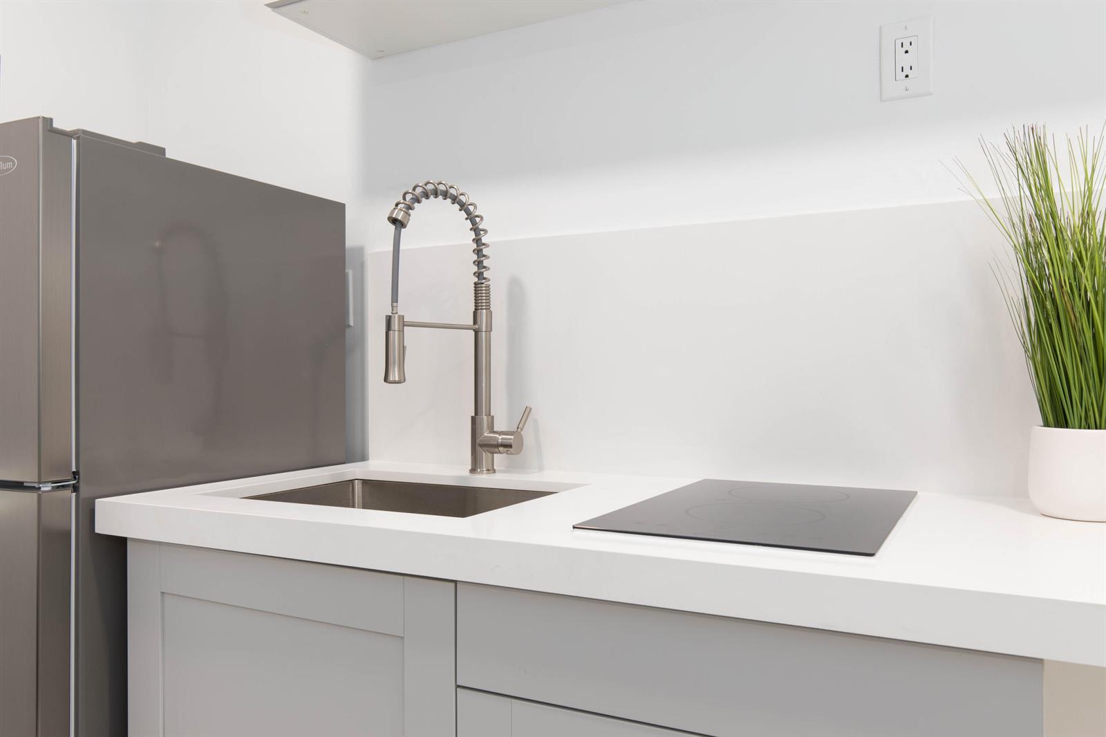 A modern kitchenette features a stainless steel sink, a faucet, and a black induction cooktop — 1826 Jefferson Street, Hollywood FL 33020, HOLLYWOOD, FL