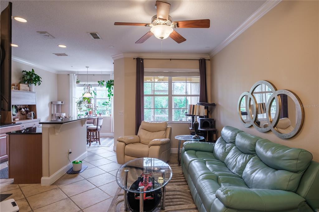 A living room features a green leather sofa, a beige armchair, and a glass coffee table — 873 ASSEMBLY COURT, REUNION, FL