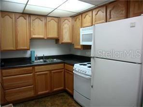 A kitchen features light wood cabinets, black countertops, and white appliances — 801 RUSSELL LANE UNIT 254, BRANDON, FL