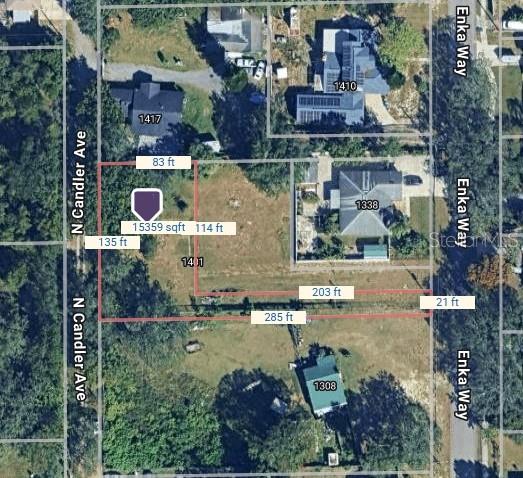 This is an aerial map showing the property boundaries and dimensions of a vacant lot — 1401 N CANDLER AVENUE, ORLANDO, FL