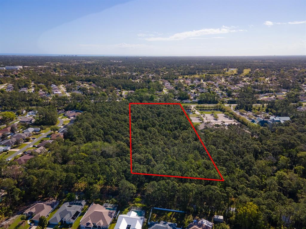 An aerial view shows a rectangular, wooded lot outlined in red within a residential area — XXXX PINE LAKES PARKWAY, PALM COAST, FL